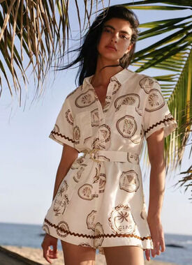 Kivari Ciao Printed Linen-Cotton Belted Romper